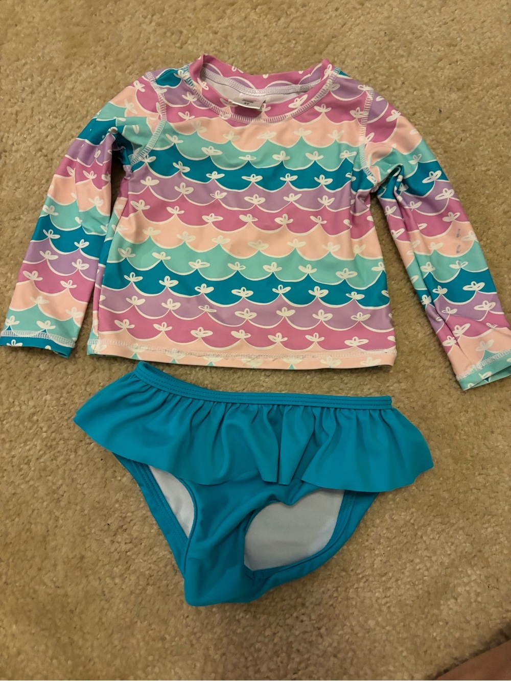 Ruffle Butts Toddler Long Sleeve Rash Guard Swim Set in Multicolor & Teal